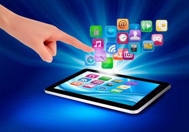 arka plan ile bir tablet ve el renkli simgeler. hasta vektör