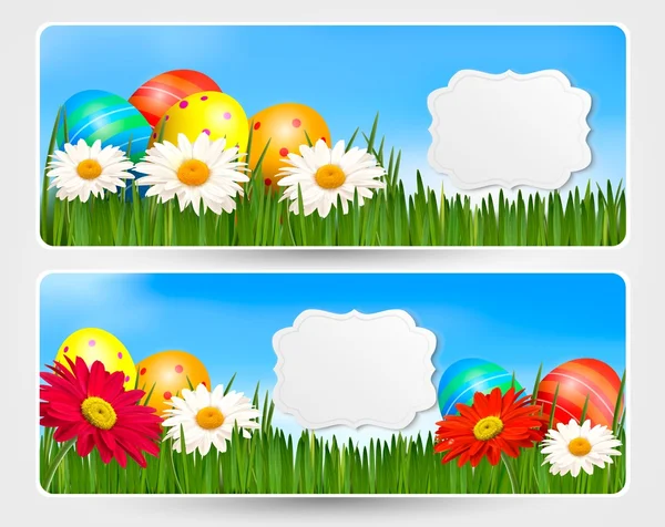 Пасхальные баннеры с пасхальными яйцами и красочными цветами. Векторное заболевание — стоковый вектор