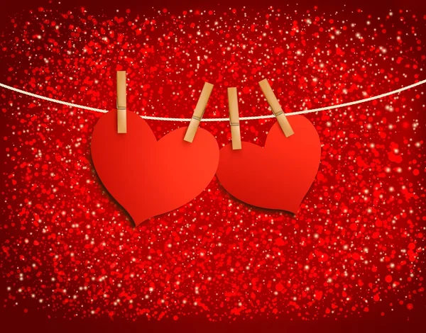 Δύο κόκκινες καρδιές που κρέμονται σε ένα σχοινί. Εικονογράφηση διανύσματος — Διανυσματικό Αρχείο