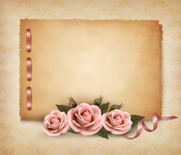 Retro pozadí krásné růžové růže a starým papírem. vektor — Stockový vektor