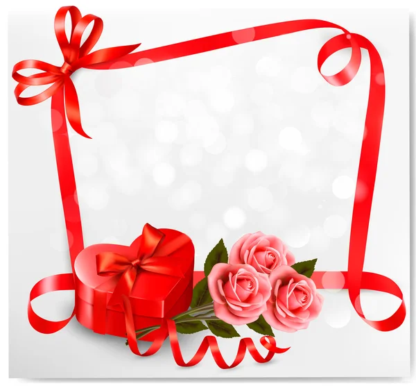 Fundo de férias com caixa de presente em forma de coração vermelho e flores. V —  Vetores de Stock