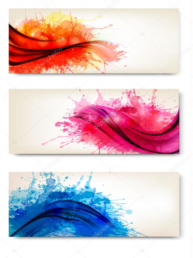 Collection of colorful abstract watercolor banners. Vector illus