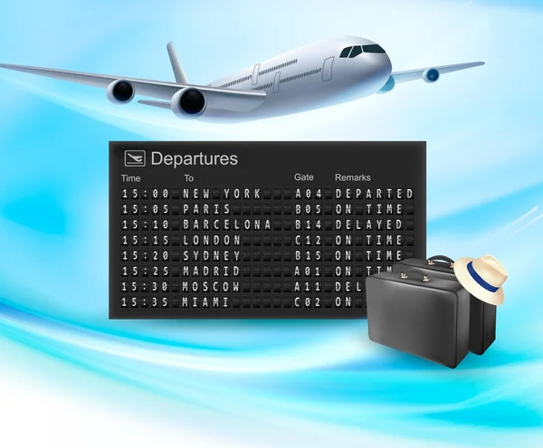 Reisehintergrund mit mechanischem Abflugbrett und Fluglinie. — Stockvektor