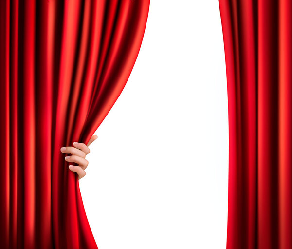 Background with red velvet curtain and hand. Vector illustration