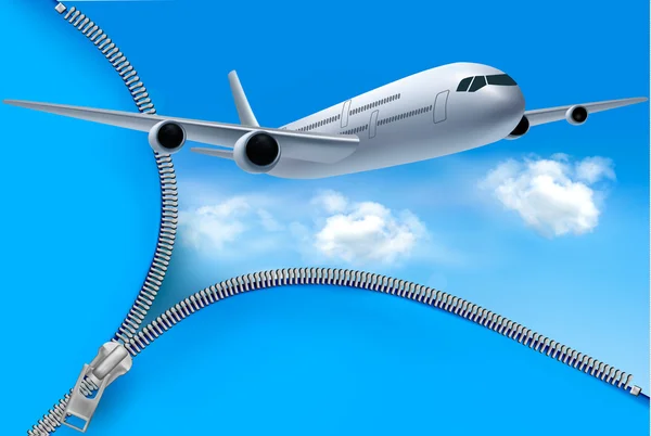 Cestovní pozadí s letadlem a bílé mraky — Stockový vektor