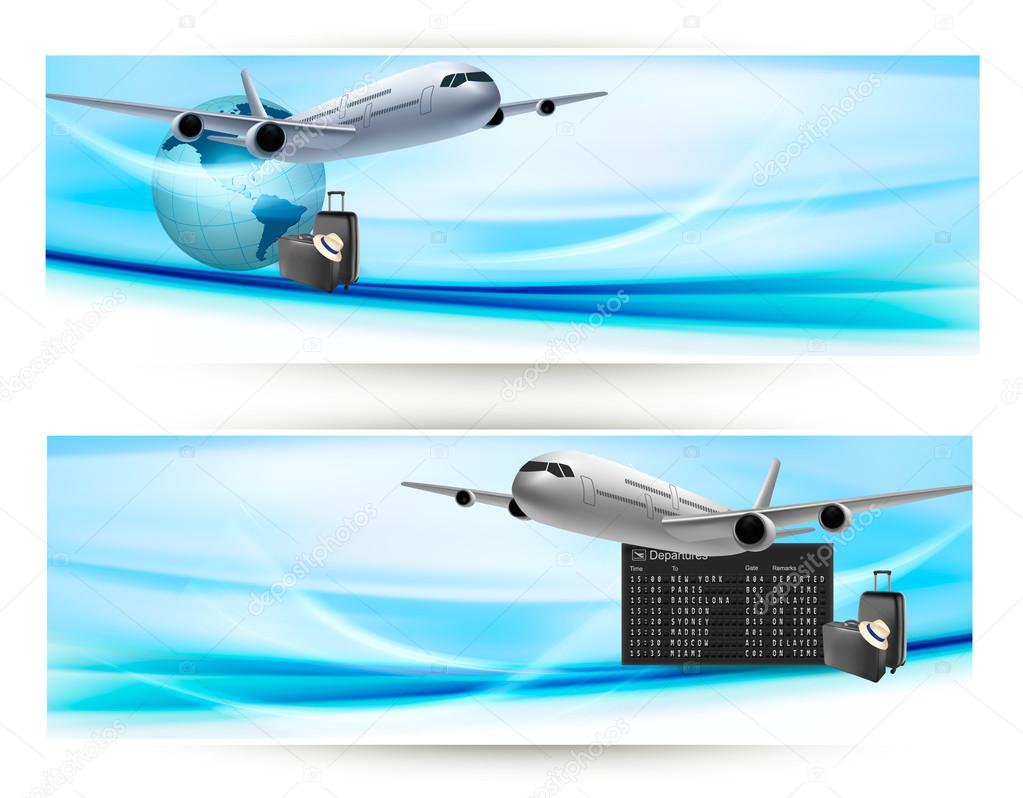 Two travel banners with with airplane on blue sky. Travel concept. Vector