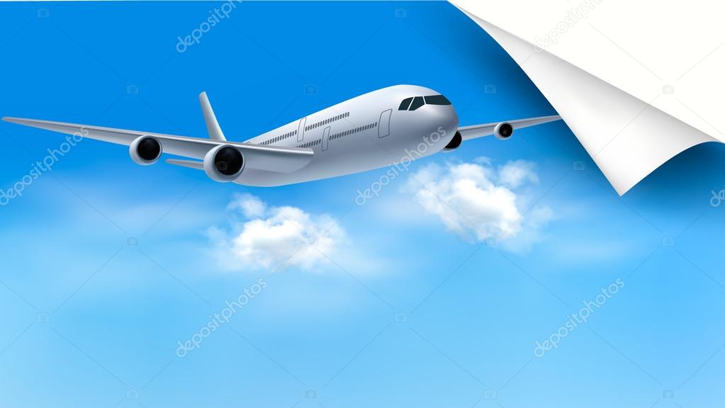 Background with airplane on blue sky. Travel concept. Vector