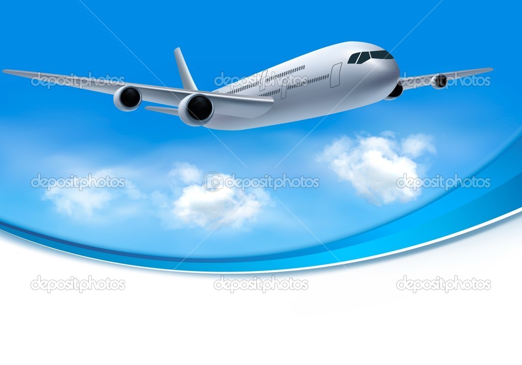 Travel background with airplane and white clouds