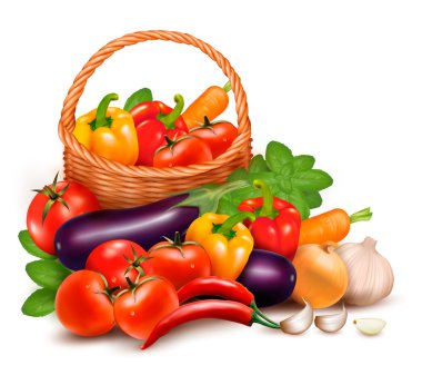 Background with fresh vegetables in basket. Healthy Food. Vector