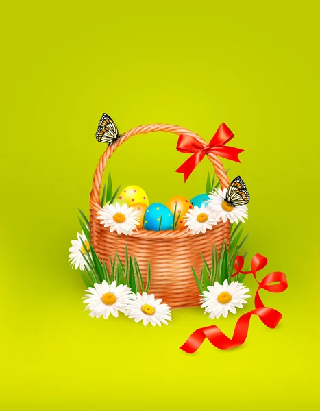 Fondo de Pascua con huevos de Pascua en cesta y mariposa en fl — Vector de stock