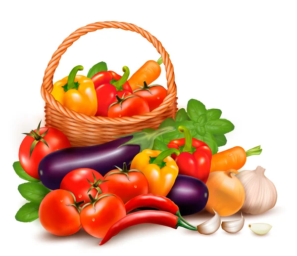Fondo con verduras frescas en cesta. Comida saludable. Vector — Archivo Imágenes Vectoriales