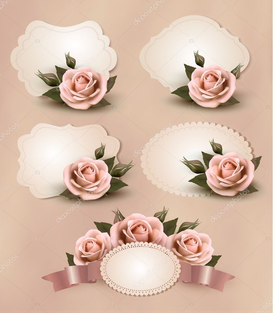 Collection of retro greeting cards with pink rose. Vector illust
