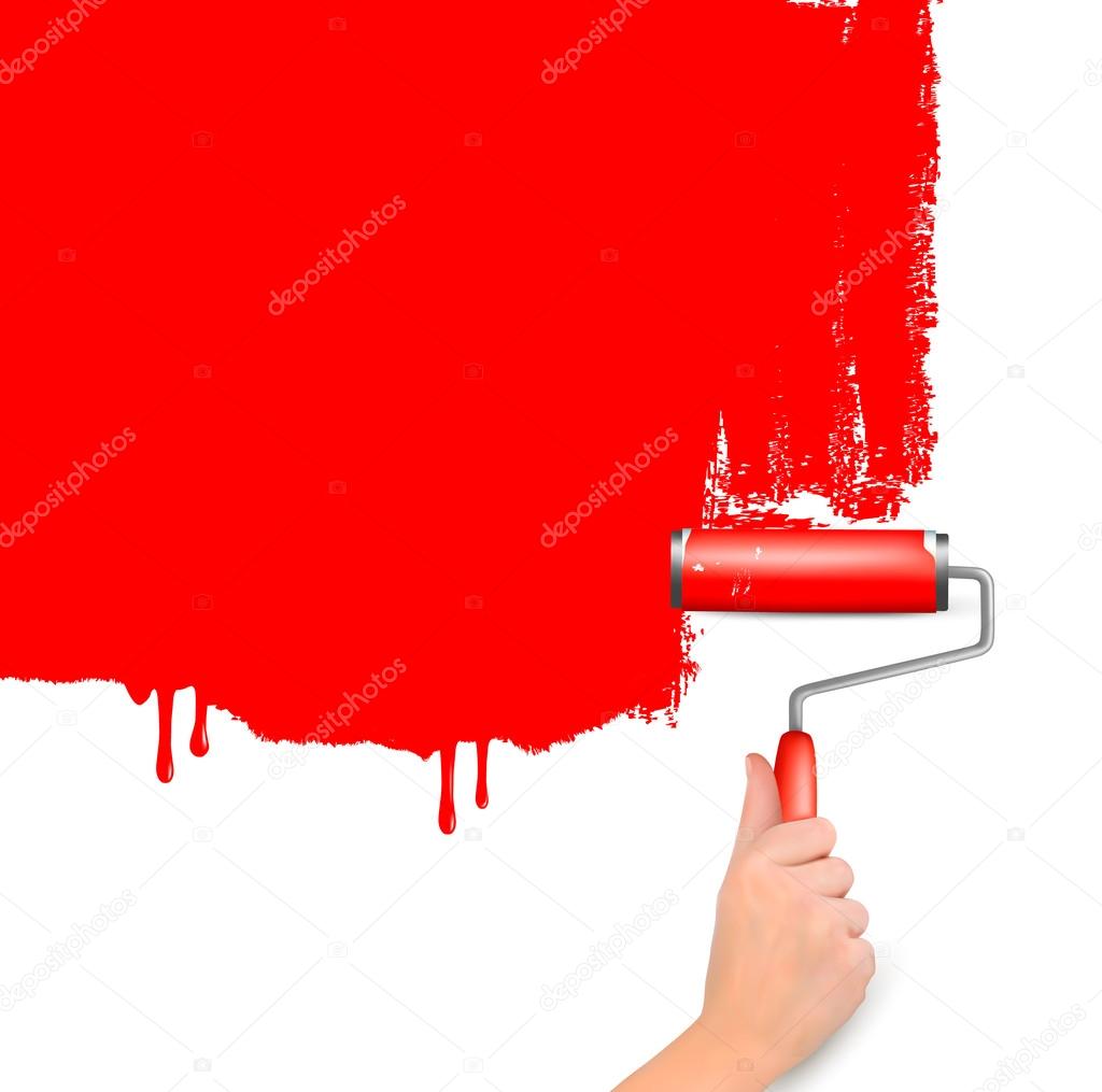 Red roller painting the white wall. Background vector.