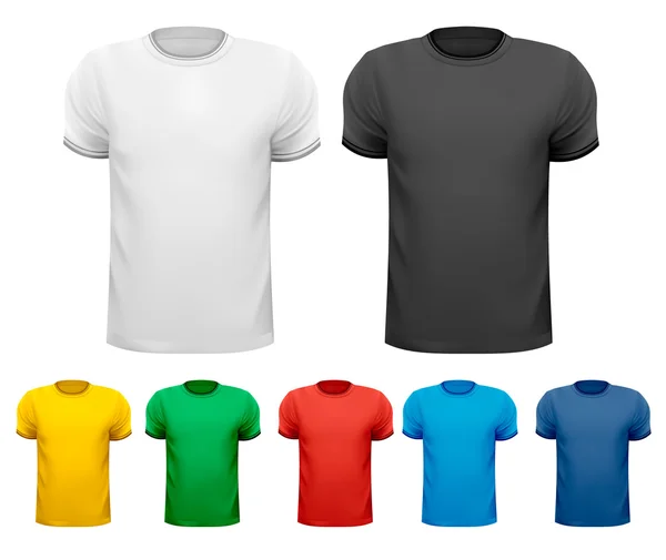 Camisetas masculinas pretas e brancas e coloridas. Modelo de design. Vetor — Vetor de Stock