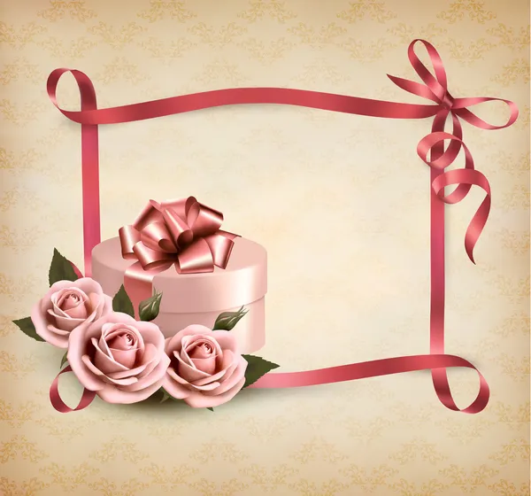 Fond de vacances avec trois roses et boîte cadeau et ruban. Végétaux — Image vectorielle