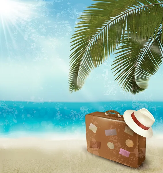 Vintage beautiful seaside background with suitcase and a hat. Ve — Stock Vector