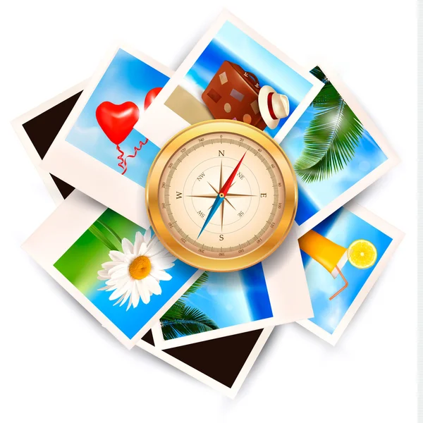 Achtergrond met reizen foto's en kompas. vector — Stockvector
