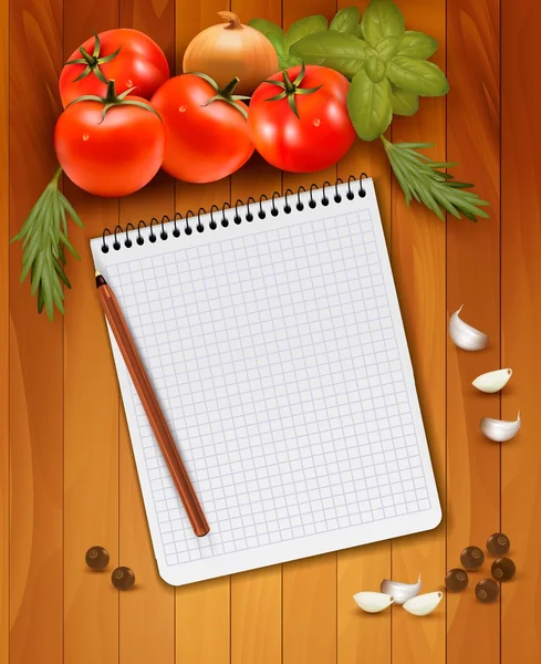 Verduras frescas y especias sobre fondo de madera y cuaderno — Vector de stock