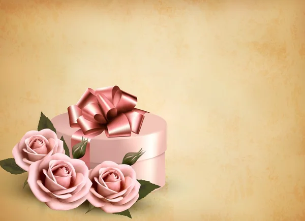 Fond rétro vacances avec roses roses et coffret cadeau. Vecteur il — Image vectorielle