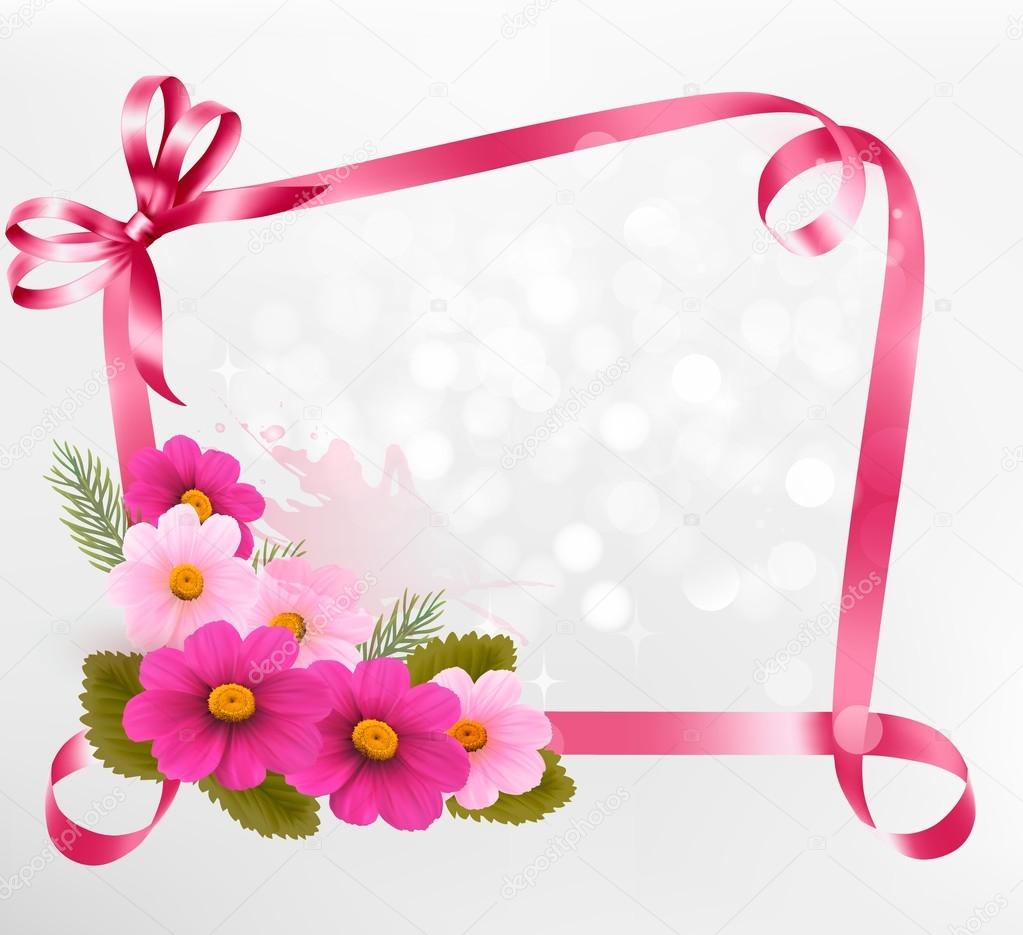 Holiday background with colorful flowers and ribbons. Vector ill