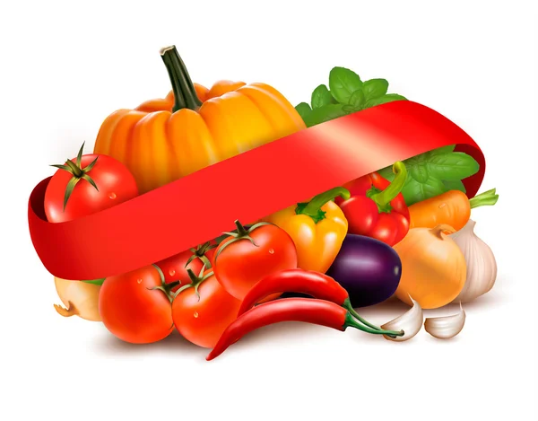 Hintergrund mit frischem Gemüse und roter Schleife. Vektor. — Stockvektor