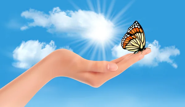 Рука держит бабочку на голубом небе и солнце. Векторная иллюзия — стоковый вектор