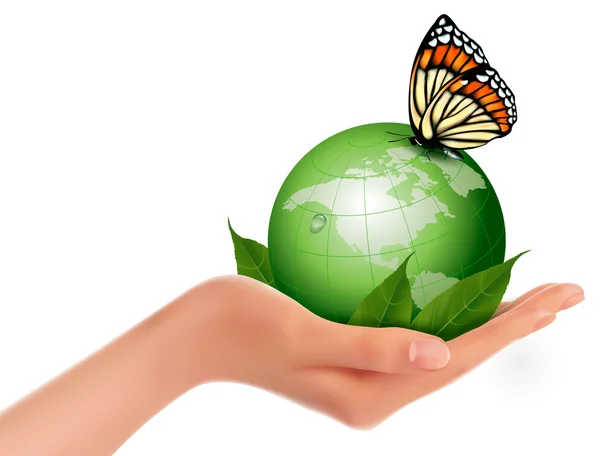 Green world with leaf and butterfly in woman hand. Vector illust — Stock Vector