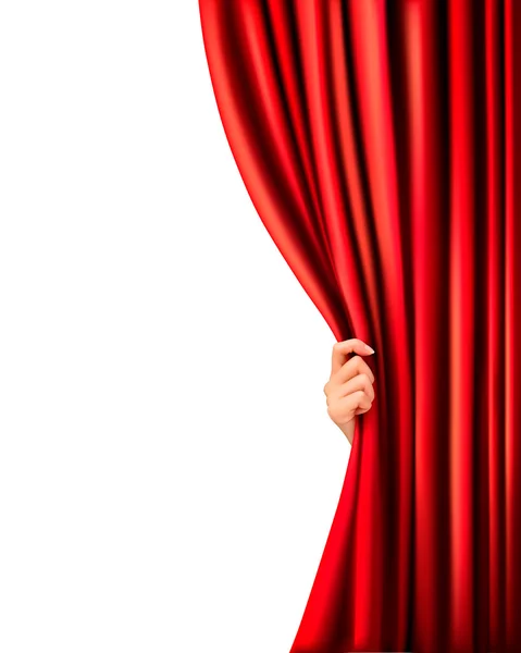 Fondo con cortina de terciopelo rojo y mano. Ilustración vectorial — Vector de stock