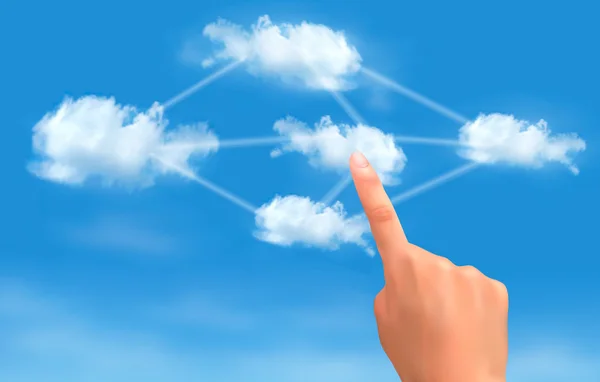 Concetto di cloud computing. Mano toccando nuvole collegate. Vettore . — Vettoriale Stock