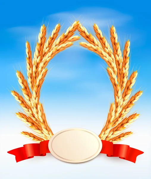 Ripe yellow wheat ears with red ribbons. Vector background — Stock Vector