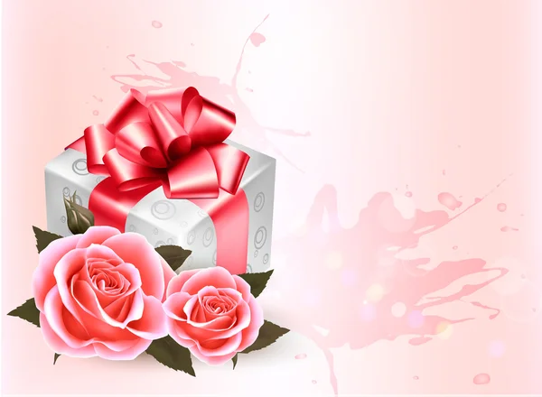 Fond de vacances avec roses roses et boîte cadeau. — Image vectorielle