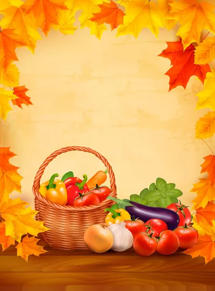 Autumn background with fresh vegetables in basket. Healthy Food. — Stock Vector