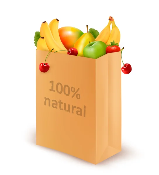 100 percent natural on a paper bag full of fresh fruits. Concept — Stock Vector