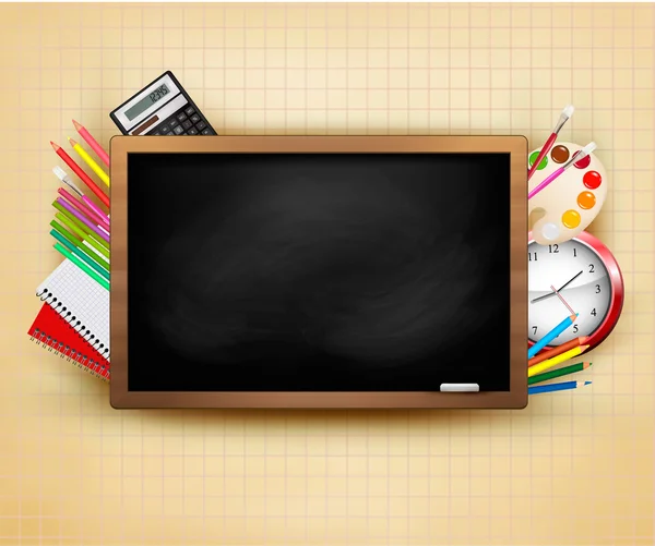 Back to school. Background with blackboard and school supplies. — Stock Vector