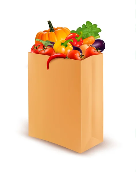 Fondo con verduras frescas en bolsa de papel. Comida saludable. Vec — Vector de stock