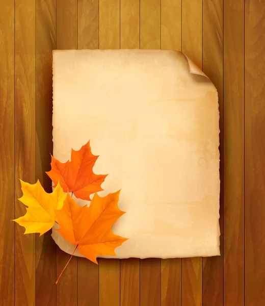 木製の背景の秋の紅葉と紙のシート。私はベクトルします。 — ストックベクタ