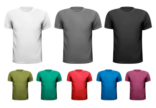 Camisetas masculinas pretas e brancas e coloridas. Modelo de design. Vetor — Vetor de Stock