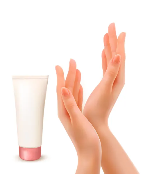 Beautiful female hands with tube of cream. Vector. — Stock Vector