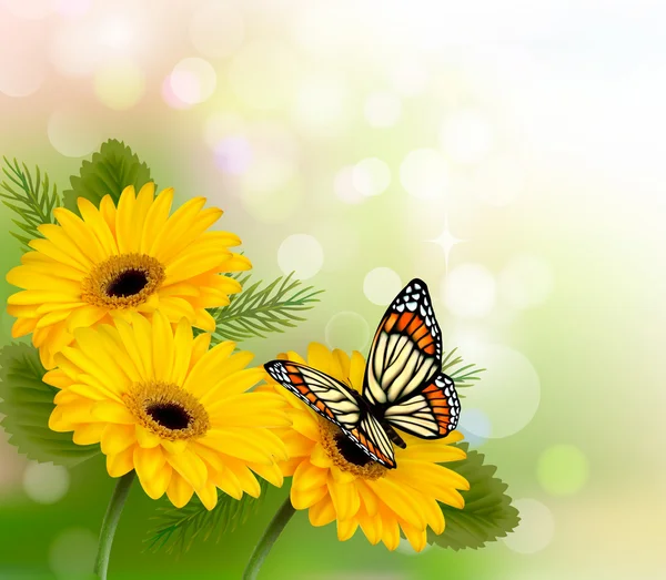 Natureza fundo com flores amarelas bonitas e borboleta. V — Vetor de Stock