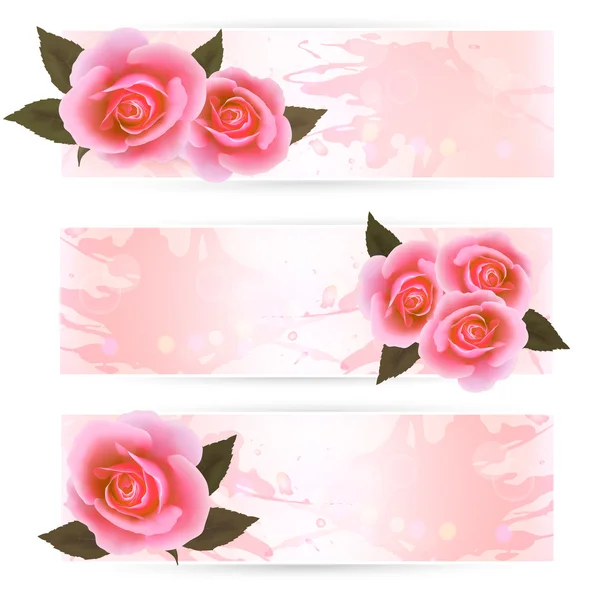 Trois bannières de vacances avec de belles roses roses roses. Vecteur — Image vectorielle