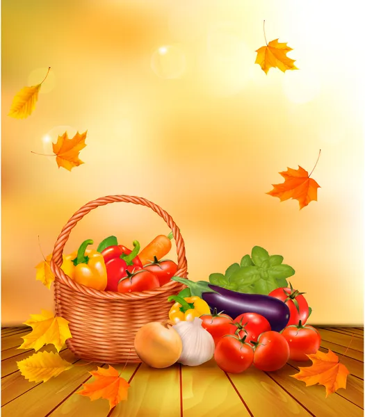 Autumn background with fresh vegetables in basket. Healthy Food. — Stock Vector