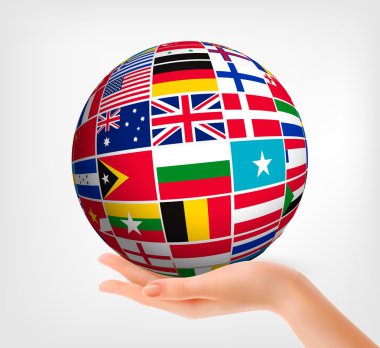 Flags of the world in globe and hand. Vector illustration.