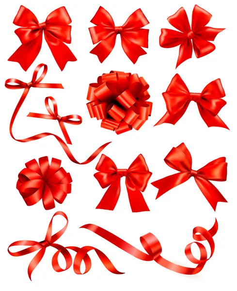 Großer Satz roter Geschenkschleifen mit Bändern. Vektorillustration. — Stockvektor