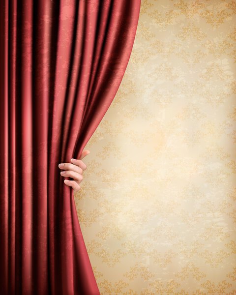 Vintage background with red old curtain and hand. Vector illustr