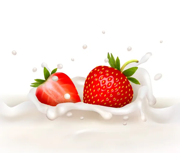 Red strawberry fruits falling into the milky splash. Vector illu — Stock Vector