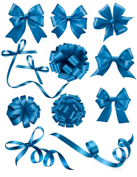 Big set of blue gift bows with ribbons. Vector illustration. — Stock Vector
