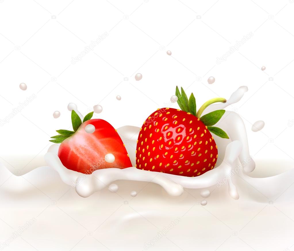 Red strawberry fruits falling into the milky splash. Vector illu