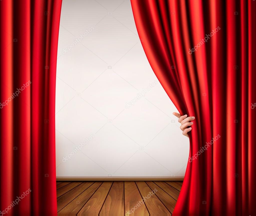 Background with red velvet curtain and hand. Vector illustration