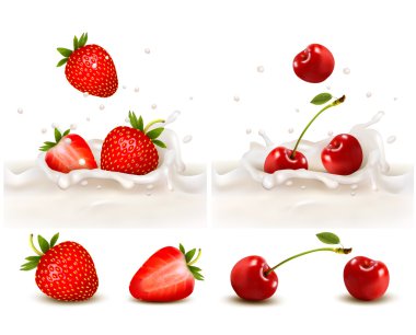 Red strawberry and cherries fruits falling into the milky splash clipart