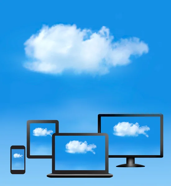 Cloud computing concept. All computer devices and white cloud. V — Stock Vector